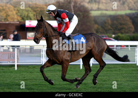 Courses hippiques - Hippodrome de Ludlow.Brookfieldshector monté par Leighton Aspell va à la poste Banque D'Images