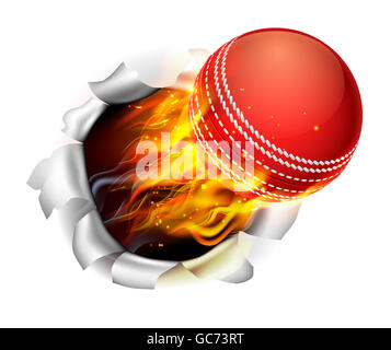 Une illustration d'une balle de cricket en feu flamboyant de déchirer un trou dans l'arrière-plan Banque D'Images