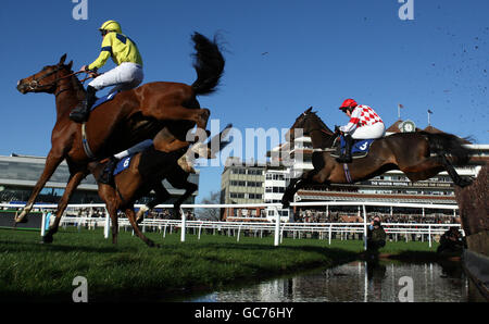 Le Riverside Theatre, monté par Barry Geraghty (à droite), saute la barrière de l'eau en troisième place la première fois sur le parcours et gagne ensuite le Rooney/Hall Beginnerss' Chase pendant le Festival d'hiver à l'hippodrome de Newbury, Berkshire. Banque D'Images