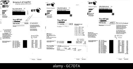 Image composite des pages des factures de téléphone soumises dans le cadre des demandes de déduction pour frais supplémentaires présentées par le premier ministre Gordon Brown, qui ont été publiées aujourd'hui sur le site Web du Parlement. Banque D'Images