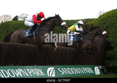 Tatenen monté par le jockey Ruby Walsh (à gauche) et des coups de pied pour Free monté par le jockey A.P. McCoy, en action pendant les betinternet.com futures Stars Steeple Chase Banque D'Images