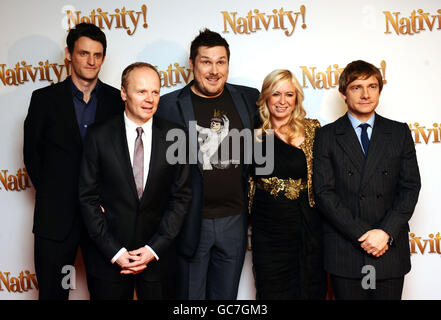 Les acteurs de Nativité, dont Jason Watkins, Martin Freeman, le réalisateur Debbie Isitt et Marc Wootton, arrivent à la première du nouveau film Nativité, au Barbican Centre de Londres. Banque D'Images