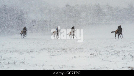 Avec les courses hippiques au Royaume-Uni durement touchées par le mauvais temps, les galops de Middleham ont pris une carte de Noël aujourd'hui, alors que les Pennines entourant les galops étaient couvertes de neige profonde. Banque D'Images