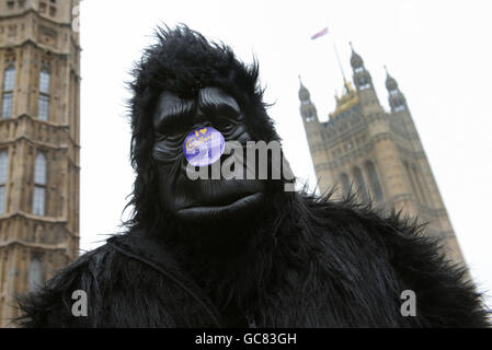 Un homme habillé comme un gorille démontre aujourd'hui à l'extérieur de la Chambre des communes à Londres pour exhorter les députés à garder Cadburys, le confiseur, indépendant. Banque D'Images