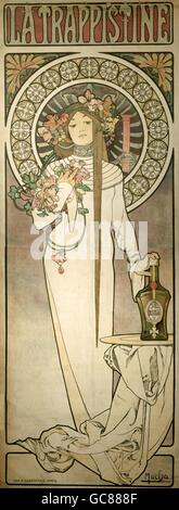 Beaux-arts, Mucha, Alfons Maria, (24.8.1860 - 14.7.1939), l'affiche pour 'La liqueur' Trappistine, ca. 1895, lithographie, 205 x 76 cm, Die Neue Sammlung de Munich, Banque D'Images