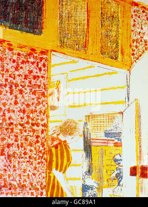 Beaux-arts, Vuillard, Edouard (1868 - 1940), graphique, 5 couleur, papier peint rose avec interieur, vers 1890 / 1900, collection privée, Banque D'Images