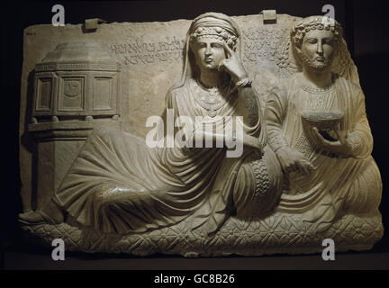 Beaux-arts, antiquité, Empire romain, sculpture, relief, banquet funéraire de Marle et Bolaia, calcaire, Palmyre, 2e siècle, Musée National de Damas, Banque D'Images