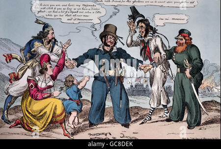 Evènements, Guerre d'indépendance grecque, 1821 - 1829, bataille de Navarino, 20.10.1827, caricature, 'les aileurs sur terre à Navarino', aquatinta, Thomas MacLean, Londres, 1827/1828, Munich Stadtmuseum, , droits additionnels-Clearences-non disponible Banque D'Images