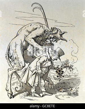 Beaux-arts, Moritz von Schwind, (1804 - 1871), la caricature, "le diable et la pomme usuriers', gravure sur bois, "Fliegende Blätter", 1847, Banque D'Images