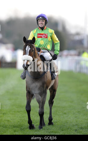 Jockey Ruby Walsh sourit après la victoire sur Kauto Star dans le William Hill King Georg VI Steeple Chase pendant le William Hill Winter Festival à Kempton Park Racecourse, Middlesex. Banque D'Images