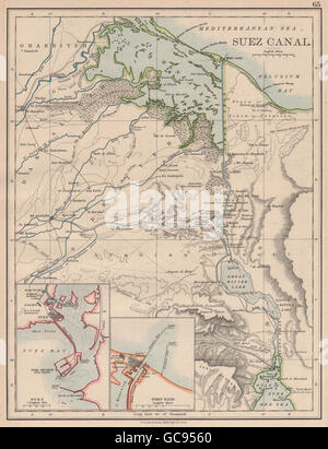 CANAL DE SUEZ. Plan du canal. Les plans de Suez et Port Saïd. JOHNSTON, 1897 map Banque D'Images