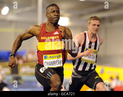 Dwain Chambers en action dans la demi-finale hommes de 60m pendant les épreuves du monde d'Aviva et les championnats du Royaume-Uni à l'Institut anglais du sport de Sheffield. Banque D'Images