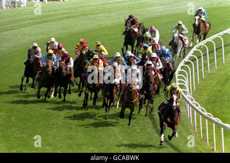 Le champ toujours prêt Derby arrondissant Tattenham Corner, avec Mister Baileys, monté par Jason Weaver, menant dans la ligne droite, avec le gagnant final, Erhaab, le plus proche du rail, bleu et blanc chapeau rayé, toujours dans le paquet de chasse. Banque D'Images