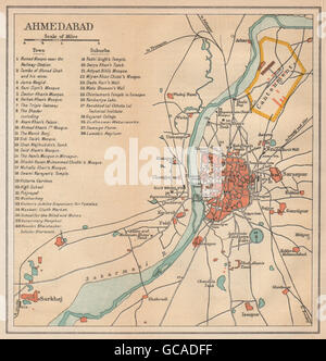 L'Inde. Plan de la ville d'Ahmedabad. Mosquées palais tombeaux temples. Gujarat, 1929 map Banque D'Images