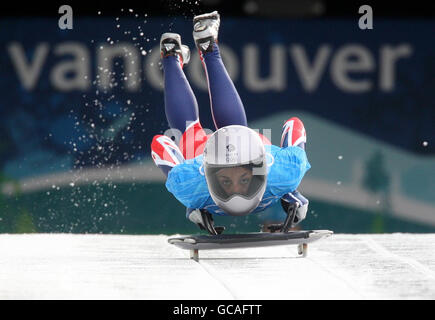 Jeux olympiques d'hiver - Jeux olympiques d'hiver de 2010 Vancouver - quatrième jour.Shelley Rudman en Grande-Bretagne pendant une course d'entraînement sur la piste de skeleton au Whistler Sliding Centre, Whistler, Canada. Banque D'Images