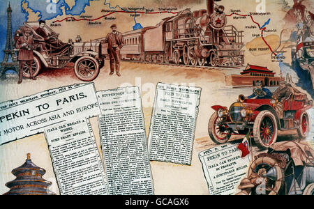 UNE CARTE MONTRANT LA ROUTE DU RALLYE AUTOMOBILE PEKING DE 1907 À PARIS TRANSCONTINENTAL. LE GOUVERNEMENT CHINOIS A ACCEPTÉ D'OUVRIR SES FRONTIÈRES À 100 AMATEURS DE COURSE POUR REPRENDRE LE RALLYE EN 1997, QUI MARQUE LE 90E ANNIVERSAIRE DE LA COURSE EPIC. Banque D'Images