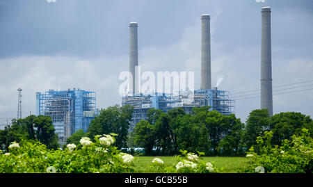 Centrale électrique le long de la rivière Mississippi prises au début de l'été près de Baton Rouge, Louisiane avec couverture à fleurs en premier plan Banque D'Images