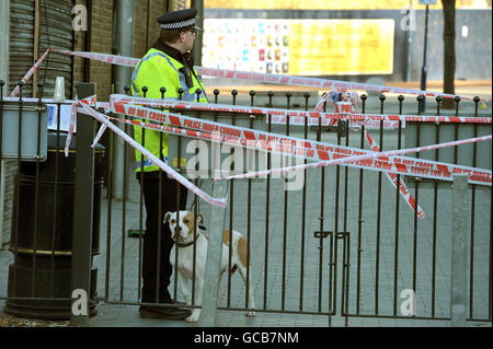 Un policier et son chien ont encordé ce matin entre le terminal de bus et High Street à Walthamstow, dans l'est de Londres, où un poignarder mortel a été signalé hier soir. Banque D'Images