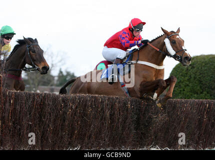 Course de chevaux - Journée de la coupe d'or de l'Artillerie royale aide aux héros - Sandown Park.En riant M. Big, le capitaine Harry Wallace saute le dernier pour remporter la coupe d'or de l'Artillerie royale Chase Steeple pour les amateurs de Riders Banque D'Images