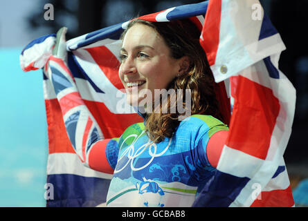 Amy Williams, de Grande-Bretagne, célèbre sa victoire au Skeleton Womens au Whistler Sliding Centre, Whisterl Banque D'Images