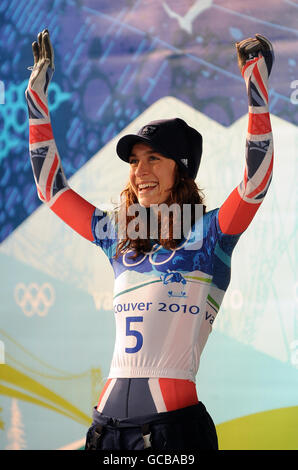 Amy Williams, de Grande-Bretagne, célèbre sa victoire au Skeleton Womens au Whistler Sliding Centre, Whisterl Banque D'Images