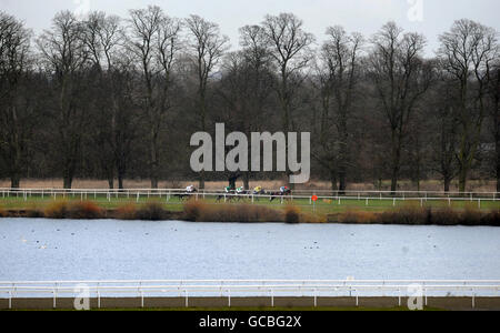 Le champ passe le lac pendant le Racing Post Steeple Chase (handicap) (classe 1) à l'hippodrome de Kempton Park, Londres Banque D'Images
