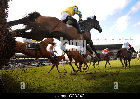 Courses hippiques - course après Chase Day - Hippodrome de Kempton Park.Action pendant le Racing Post Steeple Chase (handicap) (classe 1) à l'hippodrome de Kempton Park, Londres Banque D'Images