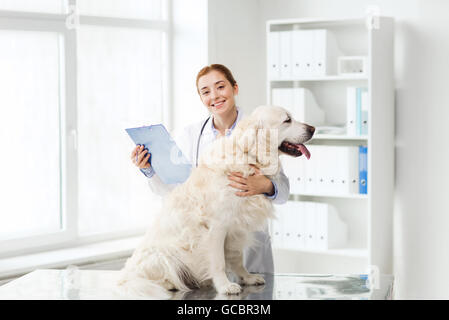 Happy doctor avec retriever chien à la clinique vétérinaire Banque D'Images