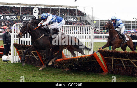 Berties Dream, criblée par Andrew Lynch, mène sur le dernier à gagner la course de novices Albert Bartlett pendant le quatrième jour du Cheltenham Festival 2010 à Cheltenham Racecourse. Banque D'Images