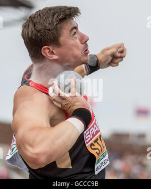 Amsterdam, Pays-Bas. 09 juillet 2016. Amsterdam, Pays-Bas. 09 juillet, 2016. David Storl d'Allemagne fait concurrence au lancer du poids hommes tour de qualification au Championnats d'Europe d'athlétisme au Stade olympique à Amsterdam, Pays-Bas, 09. Juillet 2016. Photo : Michael Kappeler/dpa/Alamy Live News Banque D'Images