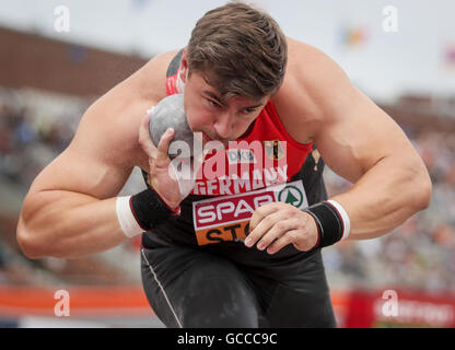 Amsterdam, Pays-Bas. 09 juillet 2016. Amsterdam, Pays-Bas. 09 juillet, 2016. David Storl d'Allemagne fait concurrence au lancer du poids hommes tour de qualification au Championnats d'Europe d'athlétisme au Stade olympique à Amsterdam, Pays-Bas, 09. Juillet 2016. Photo : Michael Kappeler/dpa/Alamy Live News Banque D'Images