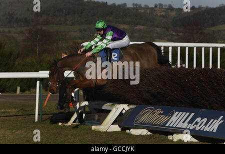 Jockey Andrew Glassonbury sur Carrickmines coups et trébuchement à la dernière clôture tout en conduisant, mais continue à gagner la coupe Fobra Gold Challenge au champ de courses de Ludlow. Banque D'Images