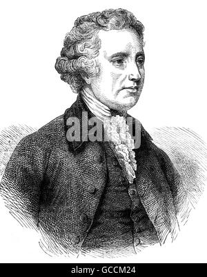 Edmund Burke (1729 - 1797) était un homme d'État irlandais né à Dublin, ainsi qu'un auteur, orateur, philosophe et théoricien politique, qui, après avoir déménagé à Londres, a été membre du Parlement depuis de nombreuses années à la Chambre des communes avec le parti whig. Principalement connu pour son appui à la cause de la révolutionnaires américains, l'émancipation des catholiques, la destitution de Warren Hastings de l'East India Company, et pour ses objections à propos de la Révolution française. Banque D'Images