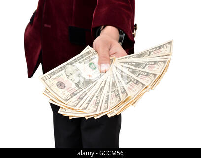 Businessman holding Monnaie dollar notes dans la main . Banque D'Images
