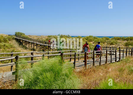 Portugal, Algarve, Monte Gordo, promenade en bois de ronde sur les dunes de la plage Banque D'Images