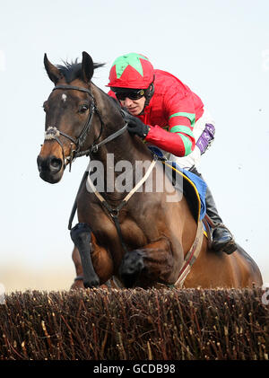 Carlitos monté par le jockey Paddy Brennan saute la dernière clôture Pour gagner le Wise Catering Ltd handicap Steeple Chase à Hippodrome de Newbury Banque D'Images