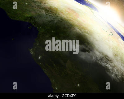 Le Cameroun, le Gabon et le Congo à partir de la région de l'orbite de la Terre dans l'espace pendant le lever du soleil. Illustration 3D très détaillé avec plan réaliste Banque D'Images