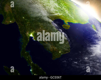 Région de la Thaïlande à partir de l'orbite de la Terre dans l'espace pendant le lever du soleil. Illustration 3D réaliste très détaillées avec surface de la planète. Eleme Banque D'Images