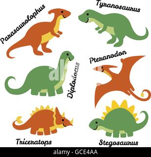 Jeu de cute cartoon dinosaures isolé sur fond blanc. Illustration de Vecteur