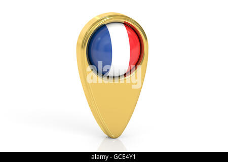 Pointeur de carte avec le drapeau de la France, rendu 3D isolé sur fond blanc Banque D'Images