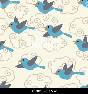 Modèle sans couture avec cute cartoon oiseaux dans le ciel. Illustration de Vecteur