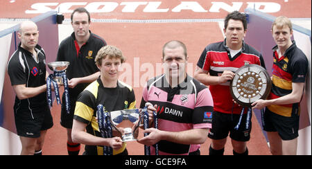 (De gauche à droite) Gary Wood de Strathmore, Cameron Ewer de North Berwick, Scott Wight de Melrose, Damien Kelly d'Ayr, Mark Billingham de Lasswade et David Watson de Greenock Wanderers lors de l'appel photo final de la coupe Scottish Hydro à Murrayfield, Édimbourg. Banque D'Images