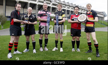 (De gauche à droite) Cameron Ewer de North Berwick, Gary Wood de Strathmore, Damien Kelly d'Ayr, Scott Wight de Melrose, Mark Billingham de Lasswade et David Watson de Greenock Wanderers lors de l'appel photo final de la coupe Scottish Hydro à Murrayfield, Édimbourg. Banque D'Images