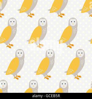 Modèle sans couture avec cute cartoon hiboux gris sur fond pointillé. Illustration de Vecteur