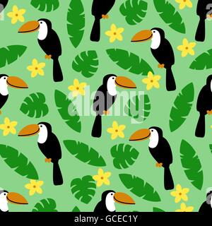 Modèle sans couture avec toucan, feuilles de palmiers et de fleurs Illustration de Vecteur