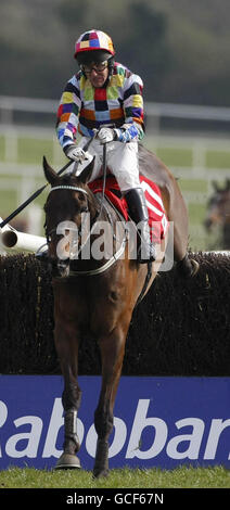 Chasing Cars criblé par Robbie Power saute le dernier pour gagner la Steeplechase Motivatechallenge.com de novice handicap pendant le Punchestown Festival à Punchestown Racecourse, Dublin, Irlande. Banque D'Images