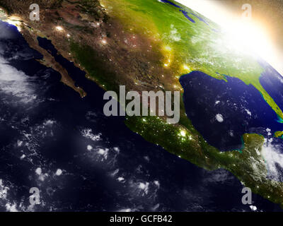 Le Mexique à partir de la région de l'orbite de la Terre dans l'espace pendant le lever du soleil. Illustration 3D réaliste très détaillées avec surface de la planète. Element Banque D'Images