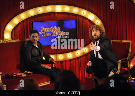 Invité Amir Khan avec JLC pendant le tournage de Channel 5 chat show Justin Lee Collins: Good Times, à la salle de bal Rivoli à Brockley, dans le sud de Londres. Banque D'Images