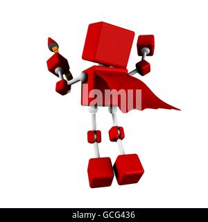 Illustration du caractère 3d cube rouge super-héros voler avec la tenue d'un stick de pinceau (vue arrière) Banque D'Images