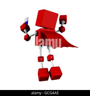 Illustration du caractère 3d cube rouge super-héros voler avec la tenue d'un bâton de gomme (vue arrière) Banque D'Images